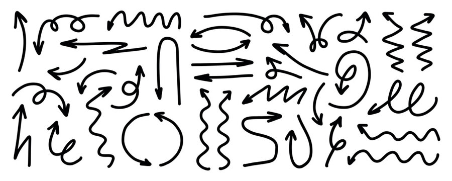 Doodle Arrows Set with Loops Curves Spirals and Direction Symbols