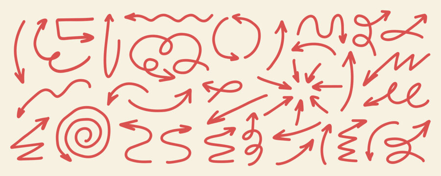 Red Hand Drawn Arrow Collection with Curves Loops and Spirals
