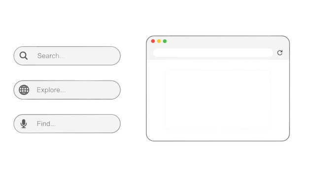 User interface mockup with search, explore, and find input bars next to an empty browser window on white.