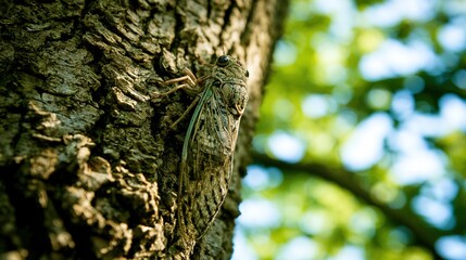 Obraz premium Cicada on plane tree bark in summer with slightly raised wings, macro focus on body, natural green bokeh