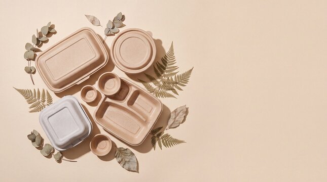 Eco friendly biodegradable packaging containers made from plant fiber on pastel background