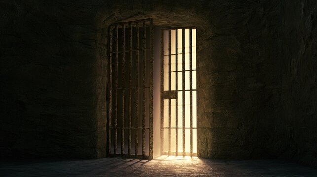 Rusted iron prison door ajar with bright light from narrow opening into dark interior, high-contrast dramatic lighting