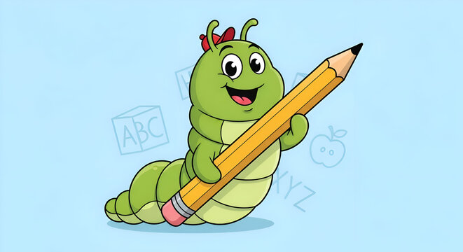 Adorable cartoon caterpillar with a pencil ready to write, inspiring creativity and learning for educational projects and children's content.