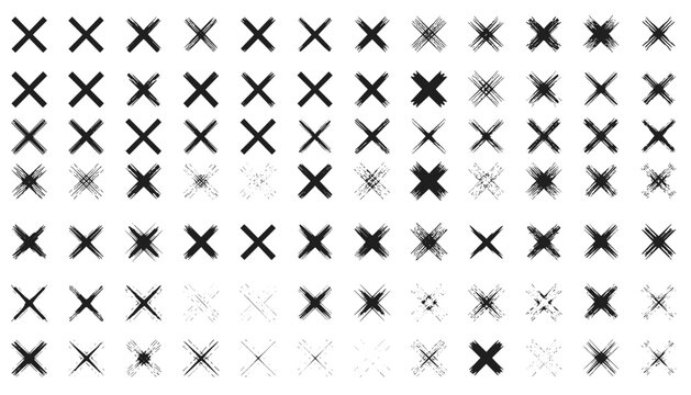 Set of various hand-drawn black cross marks and scribble elements showing different levels of opacity and texture.