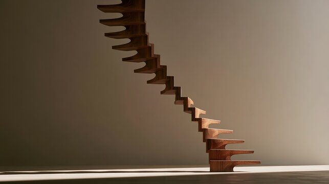 Impossible wooden staircase loop, minimalist optical illusion with soft light, creative concept for advertising