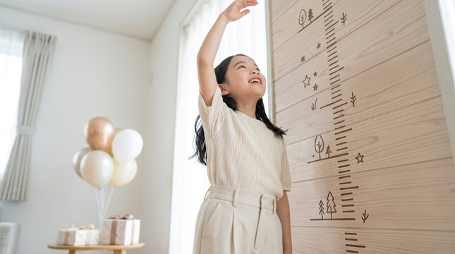 部屋の壁に書かれた身長計で背の高さを測る笑顔の女の子