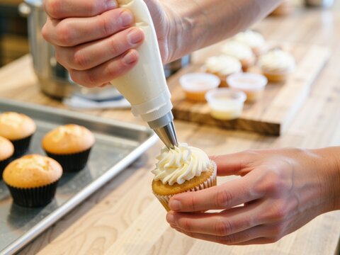 Pastry chef piping swirls of buttercream frosting onto a vanilla cupcake
