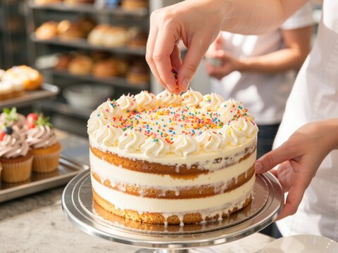 Baker sprinkling colorful sprinkles over a decorated cream layer cake on a turntable