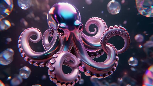 A shimmering, iridescent metallic octopus sculpture with swirling tentacles is artfully suspended amongst luminous, multifaceted gemstone clusters and ethereal, sparkling particles