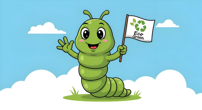 Adorable green caterpillar character waves enthusiastically holding an 'Eco Green' flag with recycling symbol under a bright blue sky with clouds