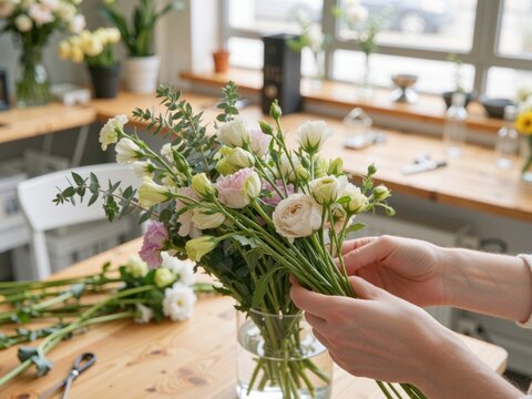 Florist arranging a pastel lisianthus bouquet in a glass vase on a workshop table