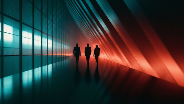 corporate professionals walking through a futuristic glass corridor, elegant business executives in a modern illuminated hallway, formal business people in a office interior