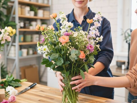 Florist handing a spring bouquet in a glass vase to a customer in a flower shop