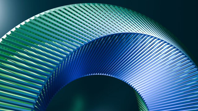 Futuristic 3D abstract blue and green geometric curved structure. Ideal for modern tech wallpaper, digital banner, UI design, background, presentation, and creative cover art