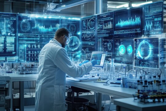 Floating data panels around a scientist working in a modern futuristic laboratory