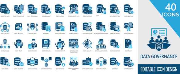 Data Governance solid icon set. included access control, database, policy, enforcement, management, information, stewardship, and corporate security application. © Nagma