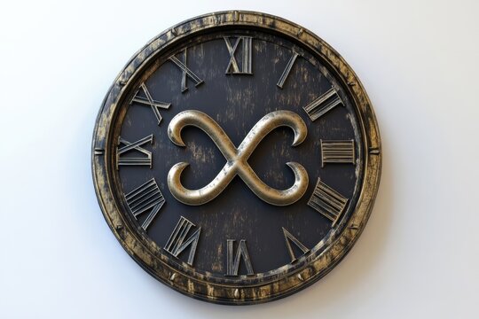 A clock with an infinity sign instead of numbers featuring roman numerals