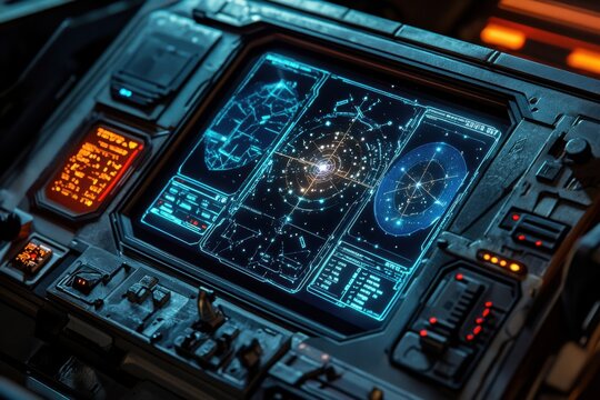 A spacecraft control panel with holographic star map and navigation systems