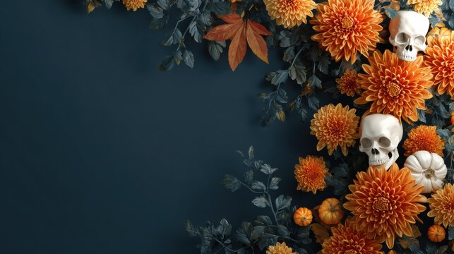 Autumn floral arrangement with skulls and pumpkins, dark teal background, Halloween theme.