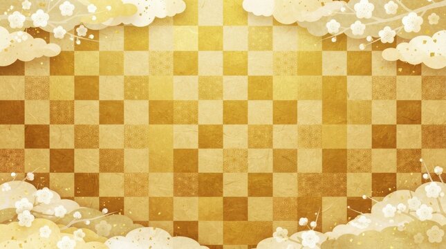 Gold checkered background with plum blossom accents