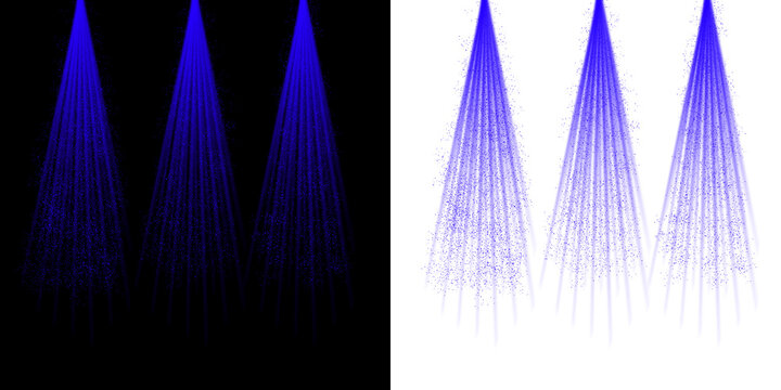 Multiple blue glowing spotlights and vertical light rays with glitter dust. Featuring dramatic stage illumination, triple beams and modern abstract background. Transparent Background