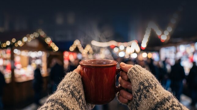 Cozy red ceramic mug with steaming hot drink, wool sweater sleeves at Christmas market, festive winter bokeh background