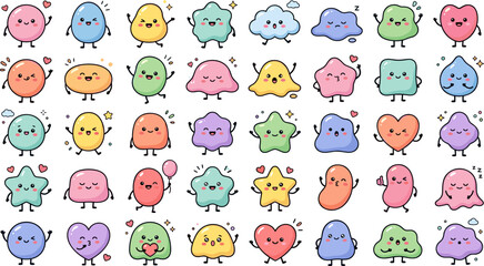Obraz premium Cute geometric shape emoji and candy sticker character set vector illustration featuring colorful pastel blobs hearts stars clouds and circles with happy smiling faces