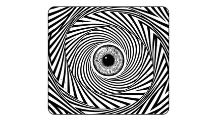 Naklejka premium Intricate hand drawn eye centered within a swirling monochrome tunnel of black and white optical stripes