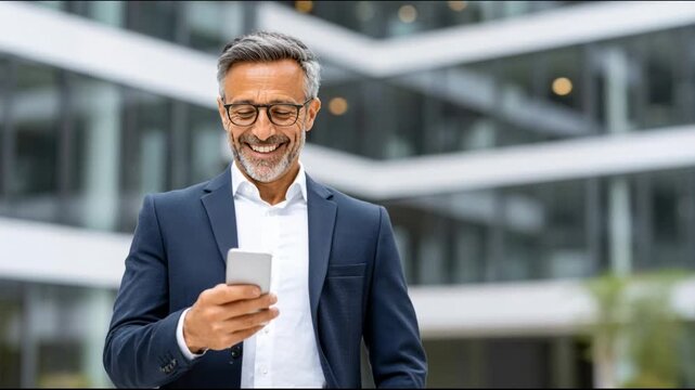 Businessman checks his phone while standing outside a modern building in an urban area during the day