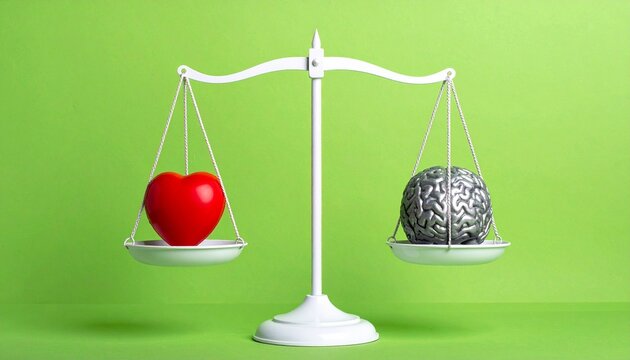 Balanced heart and brain on scale with green background