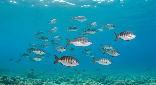 School of tropical fish swimming in the blue ocean
