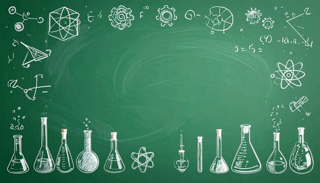 Science chalkboard with formulas and lab glassware