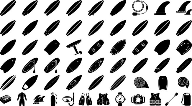 Surfboard Silhouette Icon Set. Collection of water sports & diving silhouettes, including surfboard, surfing, water sport, board sport, and more.