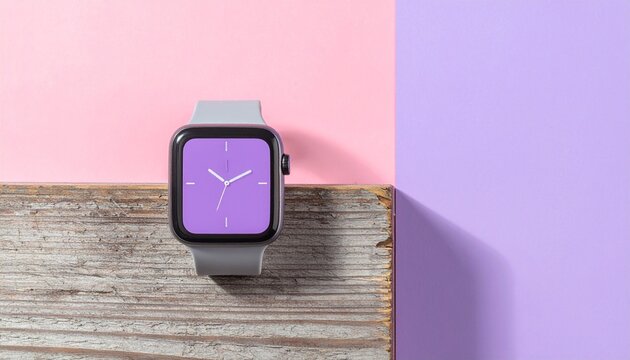 Smartwatch with purple clock face on split background