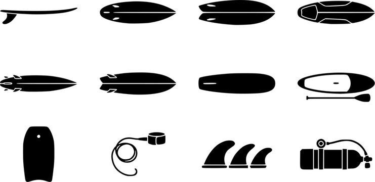 Surfboard Silhouette Icon Set. Collection of water sports & diving silhouettes, including surfboard, surfing, water sport, board sport, and more.