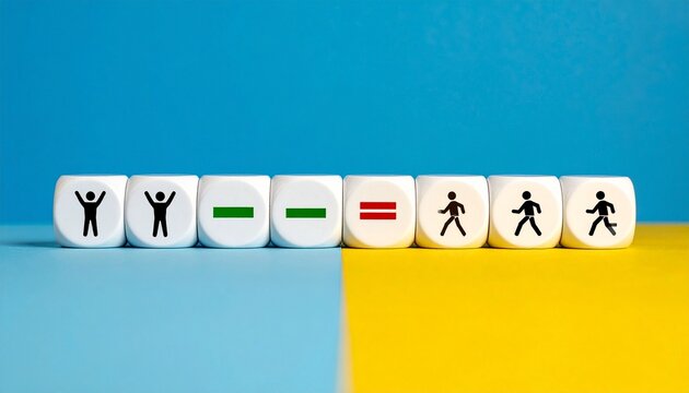 White dice with human and math symbols arranged in row