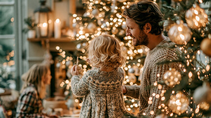 Naklejka premium family_decorating_Christmas_tree_at_home