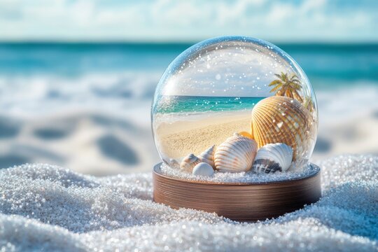 This snow globe containing a tropical beach inside for a merry christmas and xmas holiday event card