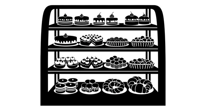 Display case filled with various cakes and pastries presented as a black silhouette bakery pastries desserts sweets