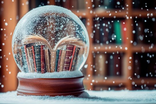 The snow globe held a magical library with tiny books for a merry christmas and xmas holiday event card