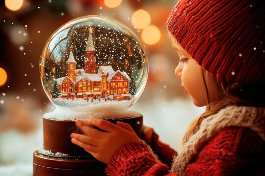A child looking at a snow globe from the christmas market for a merry xmas and new year holiday card