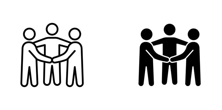 Teamwork and community unity vector icon set featuring group hug, togetherness, and support symbols in line and filled styles for web UI design.