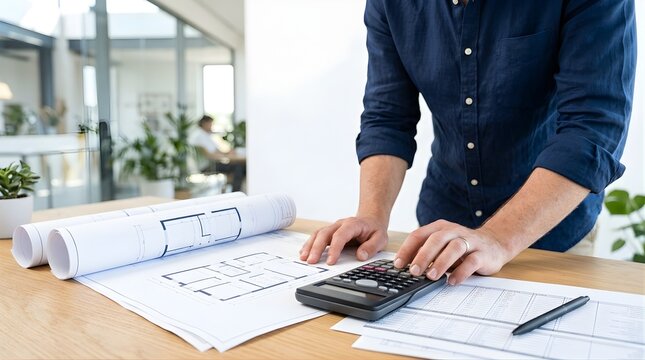 Architect using a calculator to review floor plans in a modern office