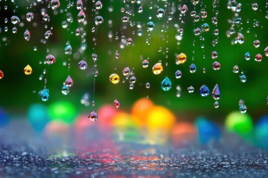 Floating droplets of color suspended mid air refracting bright city lights in a magical abstract display