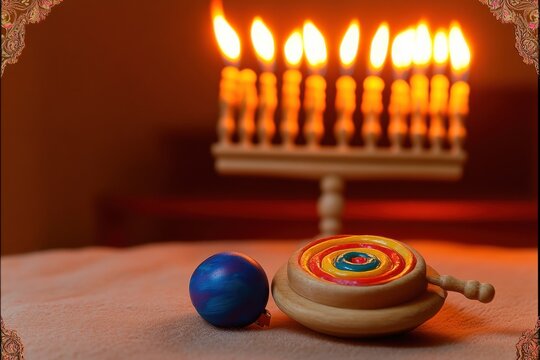 Hanukkah menorah with glowing candles lit against a color background for traditional holiday celebration