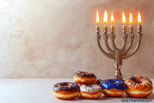 Hanukkah menorah with burning candles and sweet colorful glazed donuts on a light background for holiday