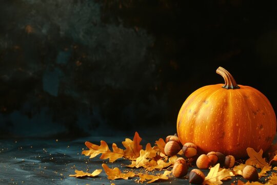 Halloween carved scary pumpkin jack o lantern on color background with empty copy space for text message