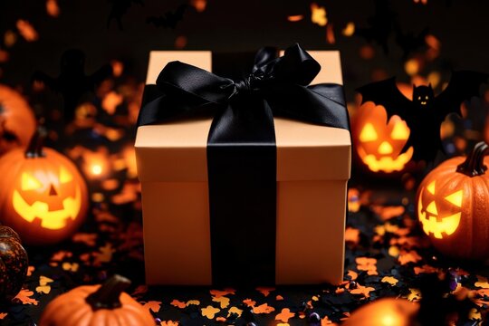 Halloween helloween holiday greeting card with an orange pumpkin, gift box and bats on web background