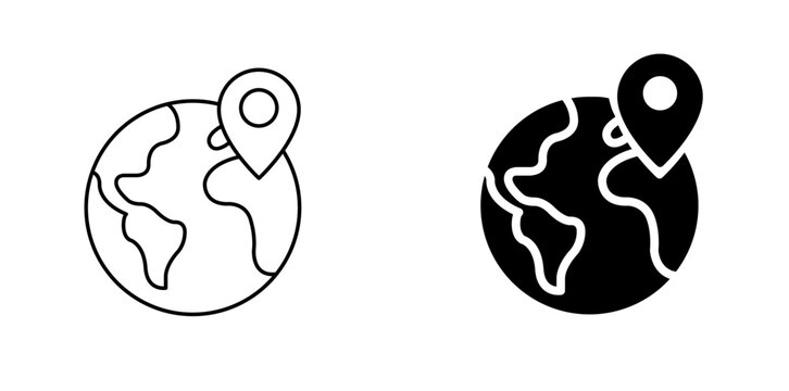 Global location pin vector icon set featuring earth map marker and navigation place pointer concepts in outline and solid styles.