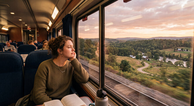 Young woman enjoying scenic train journey at sunset